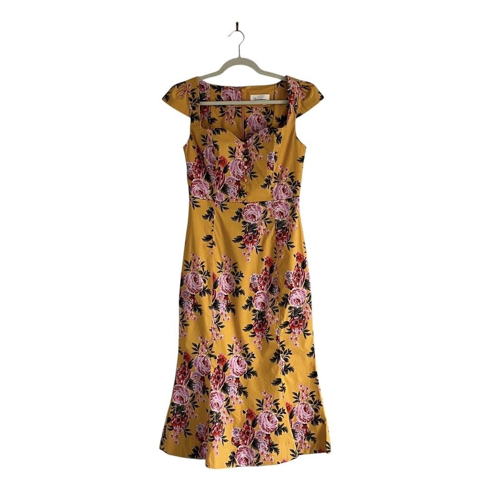 Anthropologie Maeve Cecily Yellow Floral Sweetheart Midi Dress S Romantic Retro - Picture 2 of 11